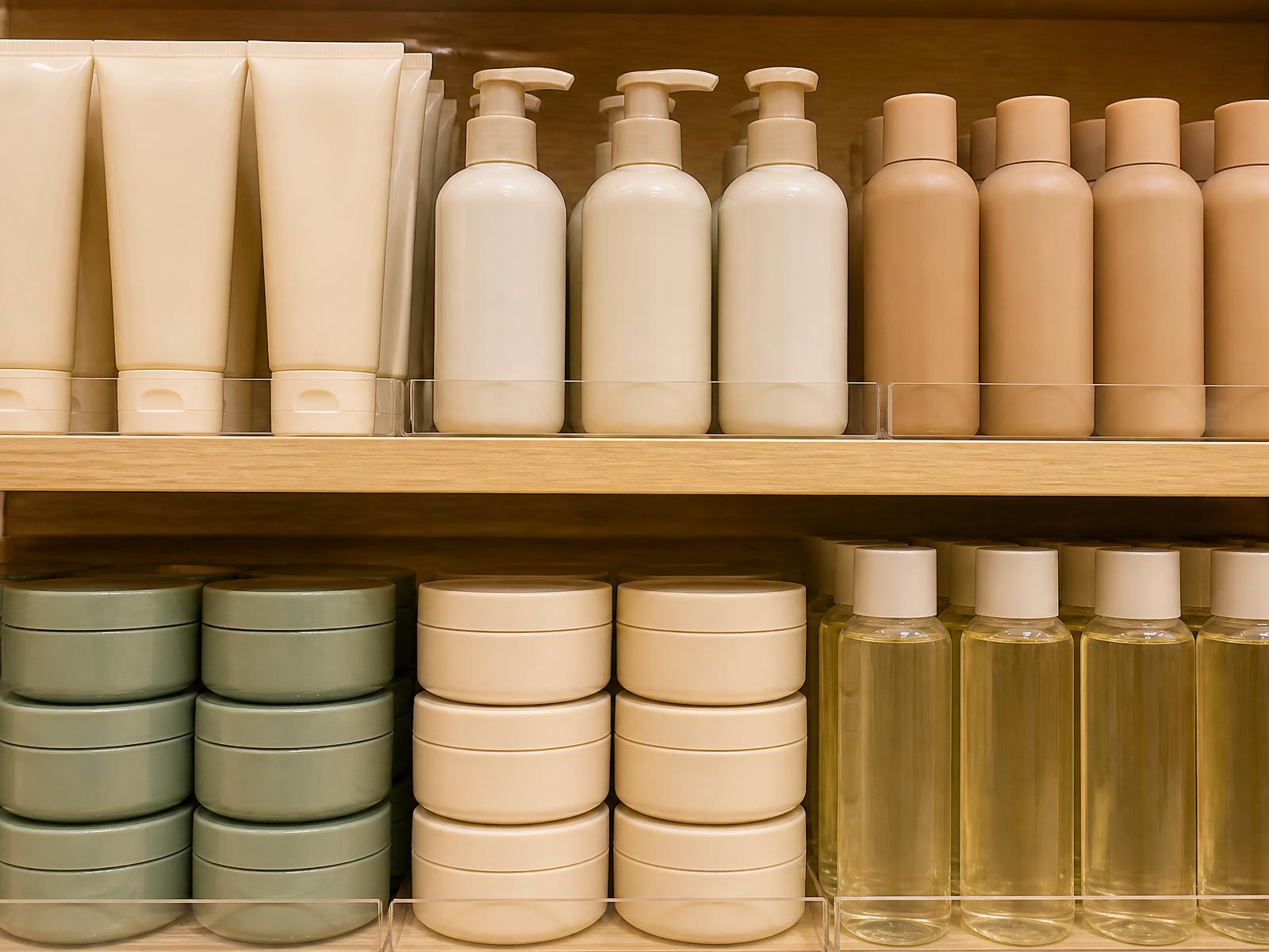 Merchandised shelf display with products neatly presented